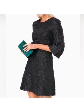 Avon Lane Eva Black Textured Jacquard Dress Size L Bell Sleeve sparkle Lined